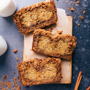 The best cinnamon banana bread cut into slices revealing a delicious cinnamon swirl and moist texture.