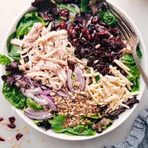 Giant Turkey Cranberry Salad freshly dressed ready to be enjoyed.