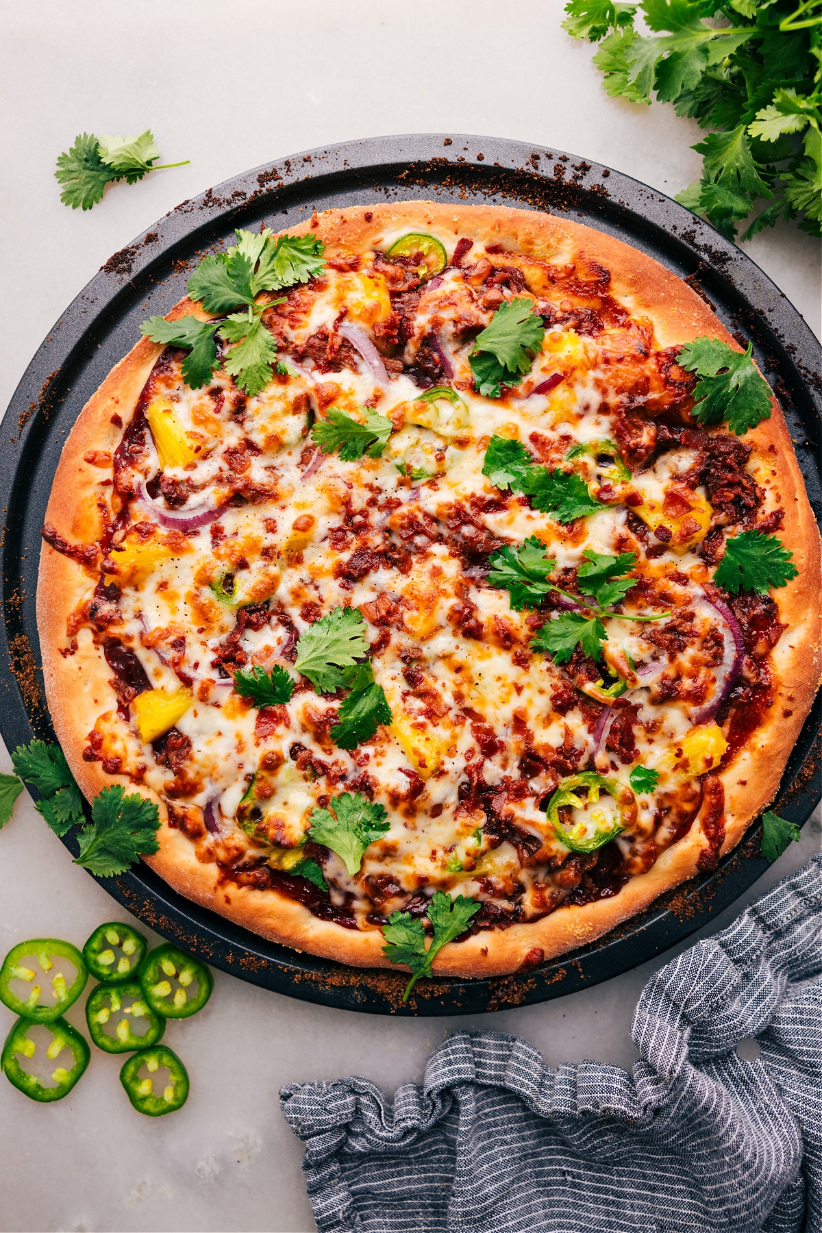 BBQ Chicken Pizza just out of the oven and ready to enjoy.