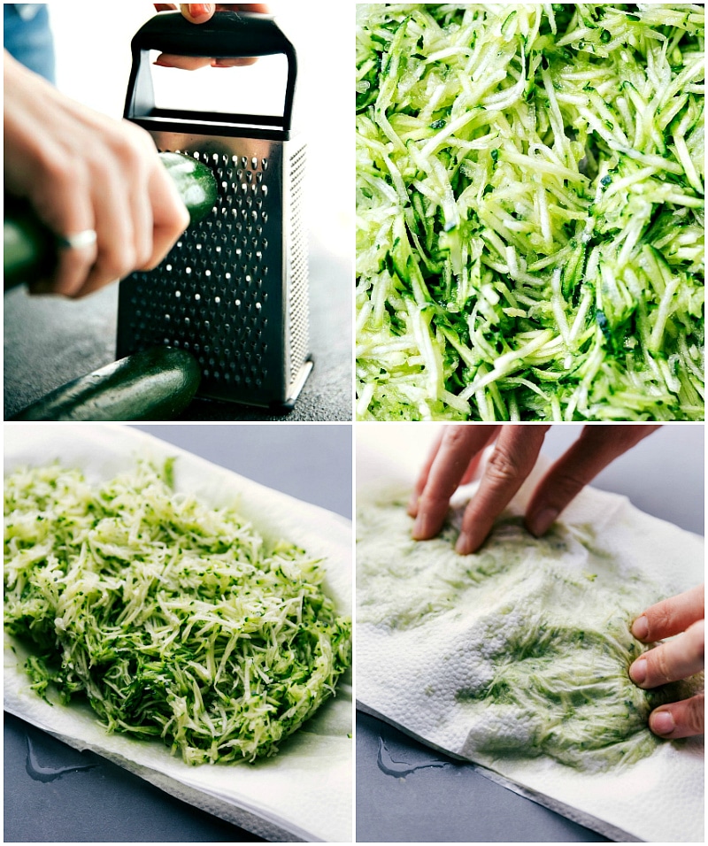 Grating zucchini and spreading it out on paper towels, then blotting to absorb excess moisture.