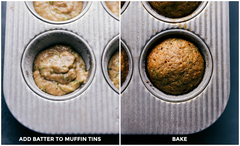 The finished batter for zucchini muffins healthy, placed in a muffin tin before and after baking.