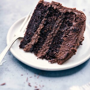 The slice of delicious and rich chocolate cake on a plate, ready to be eaten.