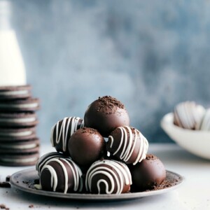 A plate of Oreo balls piled up and beautifully decorated, some with Oreo crumbs and others drizzled with white chocolate.