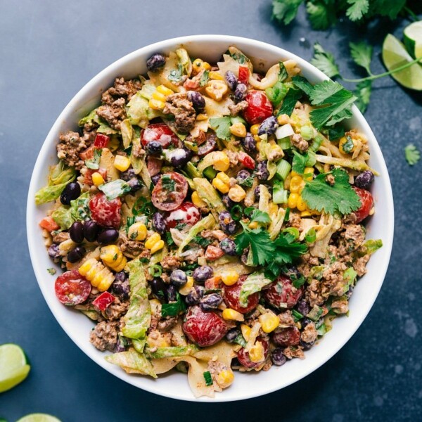 Taco pasta salad mixed together, creating a delicious and satisfying meal.