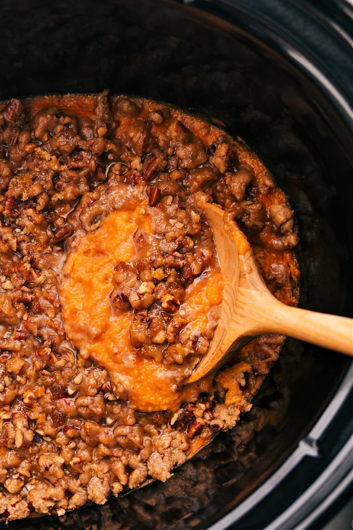 Crockpot Sweet Potato Casserole is ready to serve straight from the slow cooker.