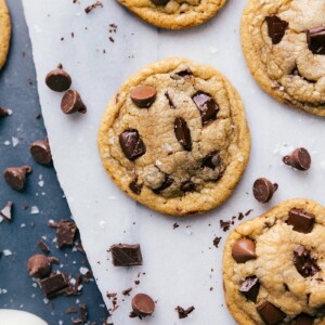 Freshly baked small batch chocolate chip cookies with melty chocolate chips visible on top.