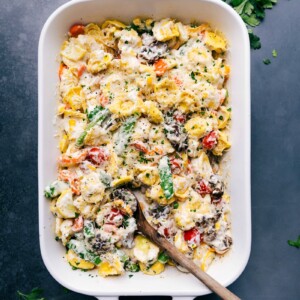 The finished creamy casserole with tortellini fresh out of the oven, ready to be enjoyed as a savory and delicious meal.