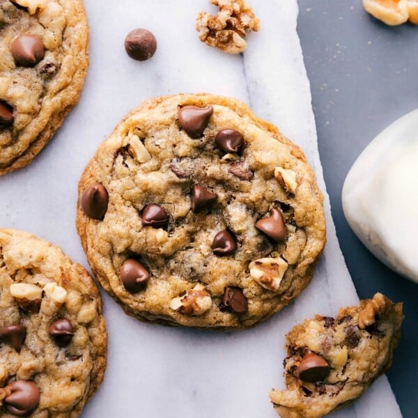 DoubleTree cookies loaded with chocolate chips and walnuts, ready to eat.