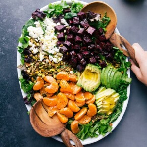 Beet and goat cheese salad displaying an array of colorful ingredients for a healthy meal.