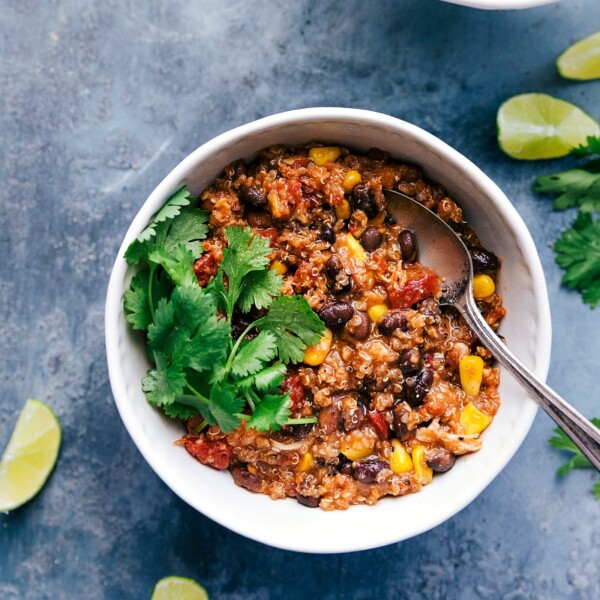 Crockpot quinoa chili topped with fresh cilantro ready to eat.