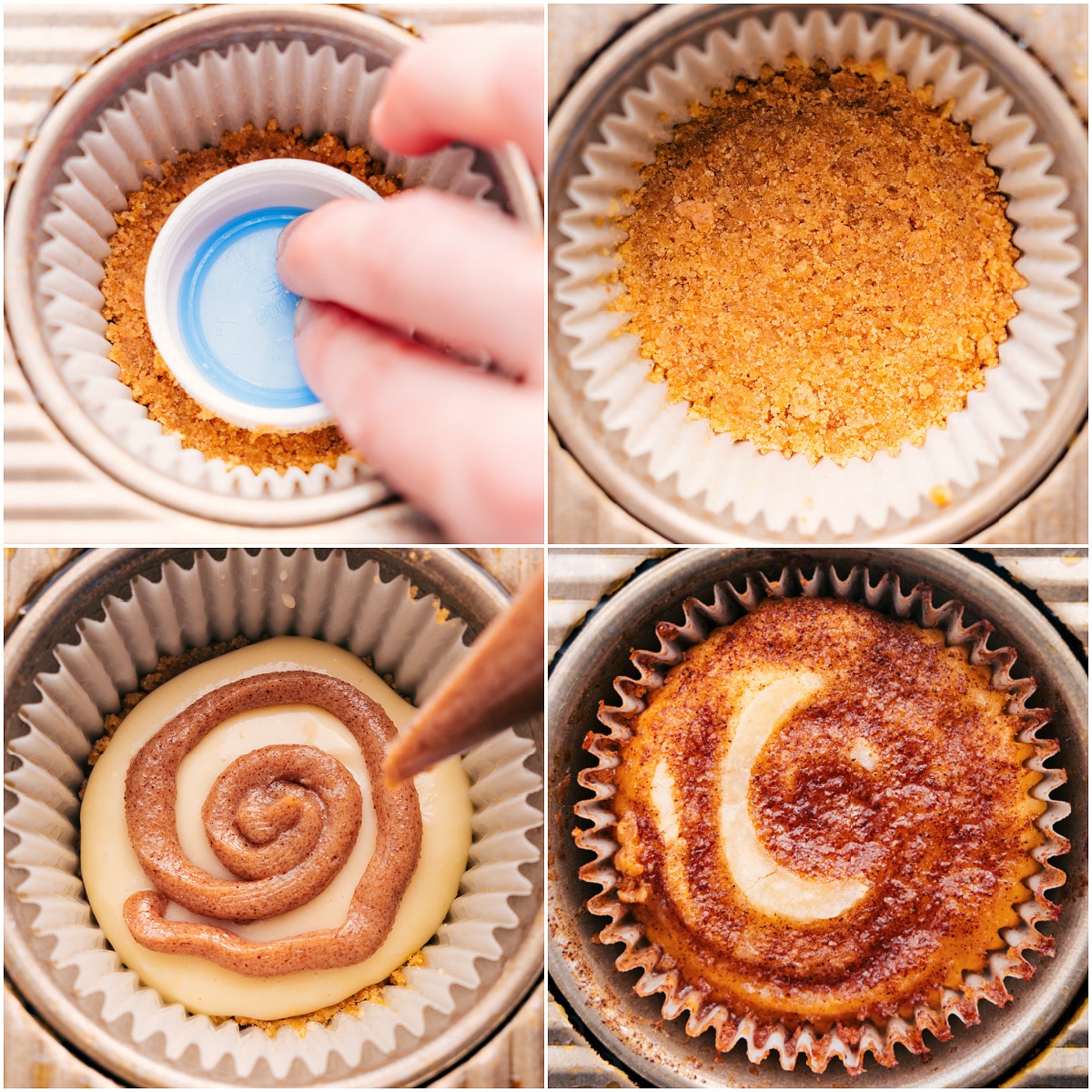 Press the graham cracker crust into a muffin tin, add the cheesecake layer, swirl in the cream cheese cinnamon filling, and bake for perfect cinnamon roll cheesecakes.