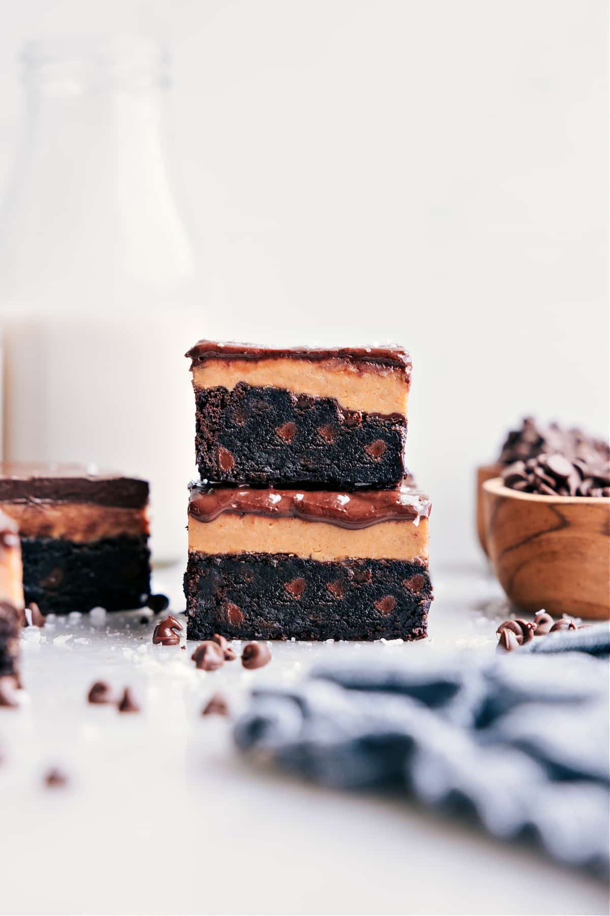 Stacked Buckeye Brownies show off their yummy layers.