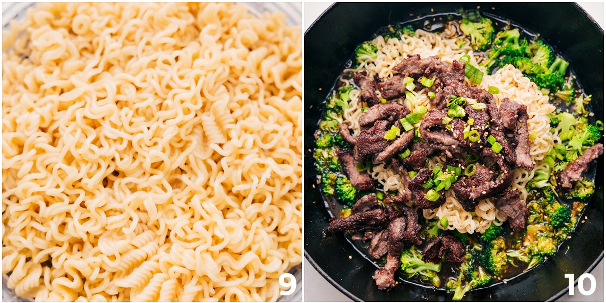 The noodles being tossed in with the sauce, meat, and veggies.