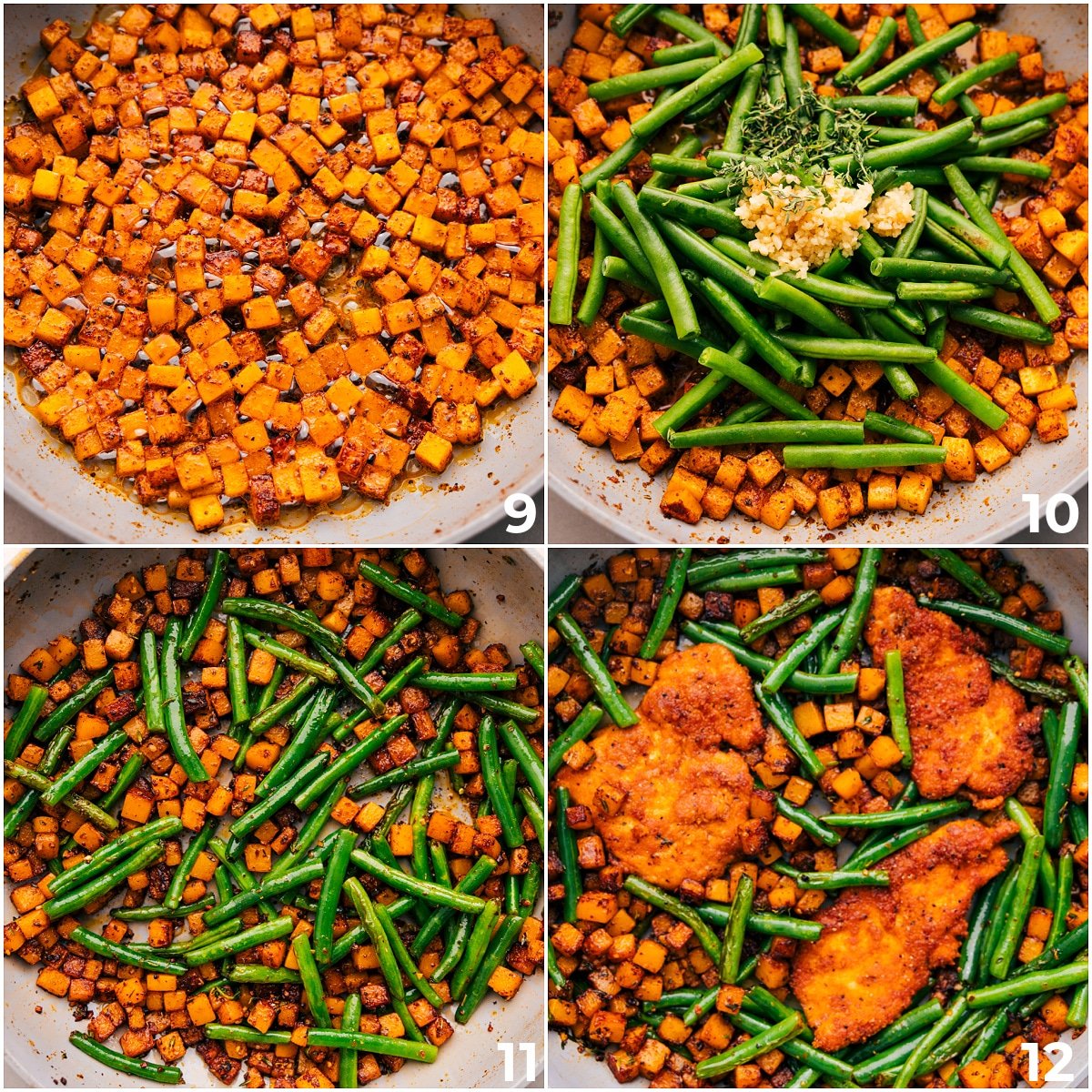 Cook the butternut squash, green beans, garlic, and fresh herbs, then add the cooked chicken for this chicken and butternut squash dish.