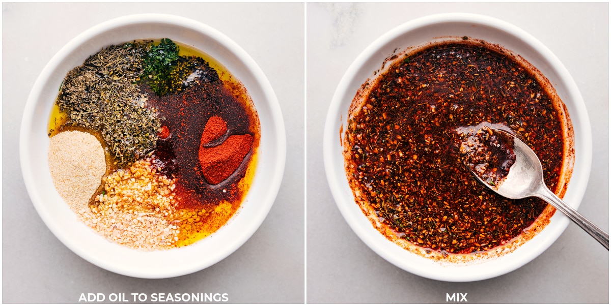Seasonings being added to oil in a bowl, mixed together for the recipe.
