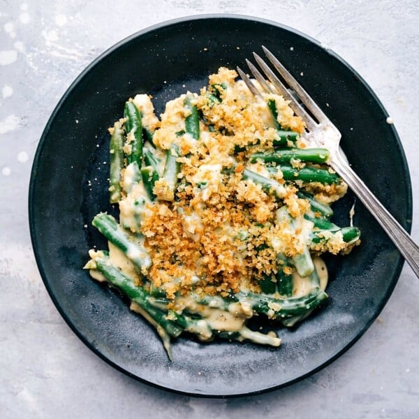 Delicious green bean casserole served on a plate, ready to be enjoyed.