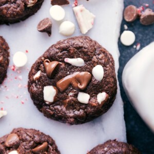 Delicious peppermint bark cookies, fresh out of the oven with melting chocolate chips on top.