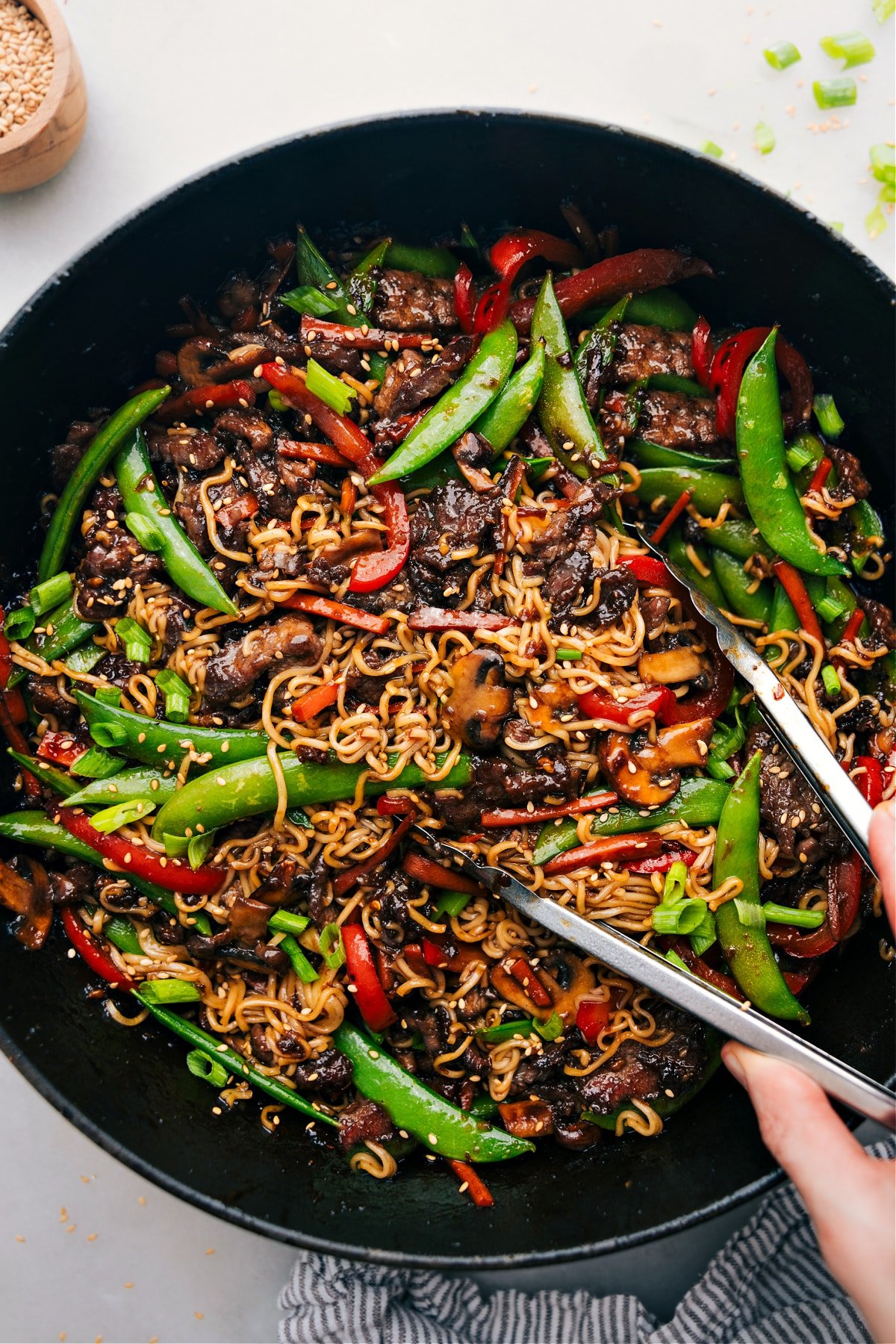 Garlic Beef and Veggie Ramen recipe in a pot.