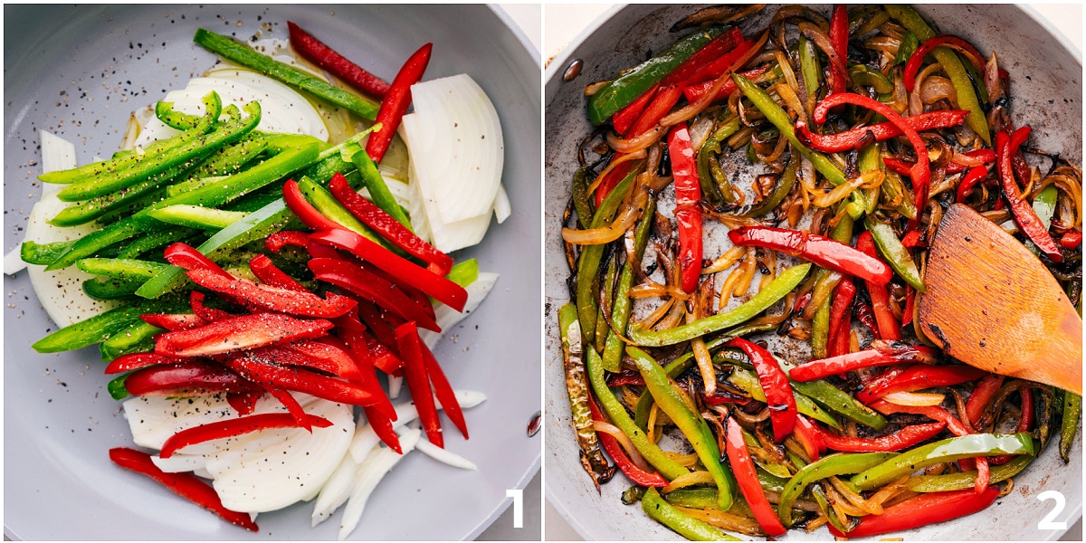 Sauté the peppers and onions in oil and seasonings.