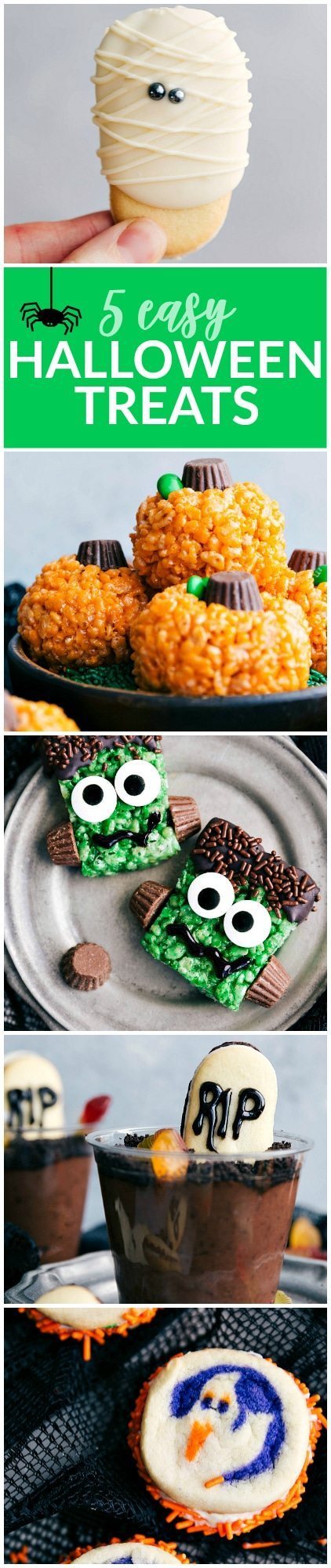 5 super easy Halloween treats -- mummy cookies, graveyard pudding cups, Frankenstein kripsies, pumpkin krispies, and double-sided Halloween sandwich cookies via chelseasmessyapron.com
