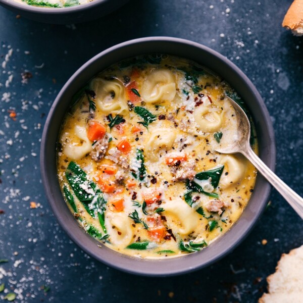 Sausage Tortellini Soup in a bowl.