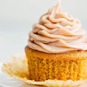 Ready to eat delicious pumpkin cupcake with a cinnamon cream cheese frosting.