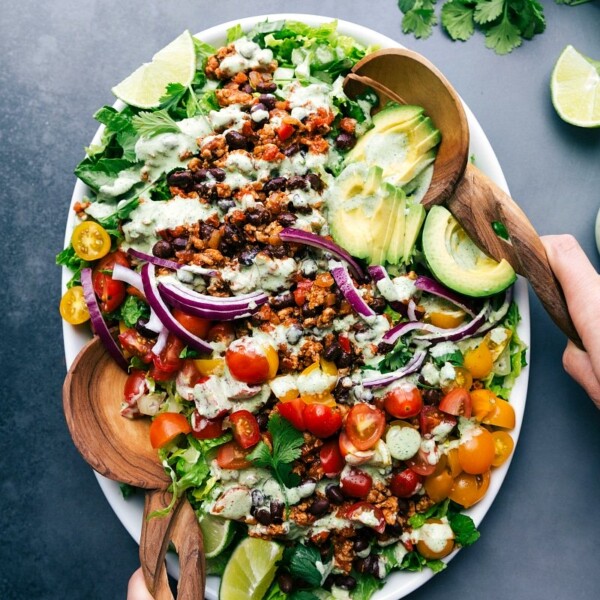 Taco turkey salad, generously dressed and ready for consumption.