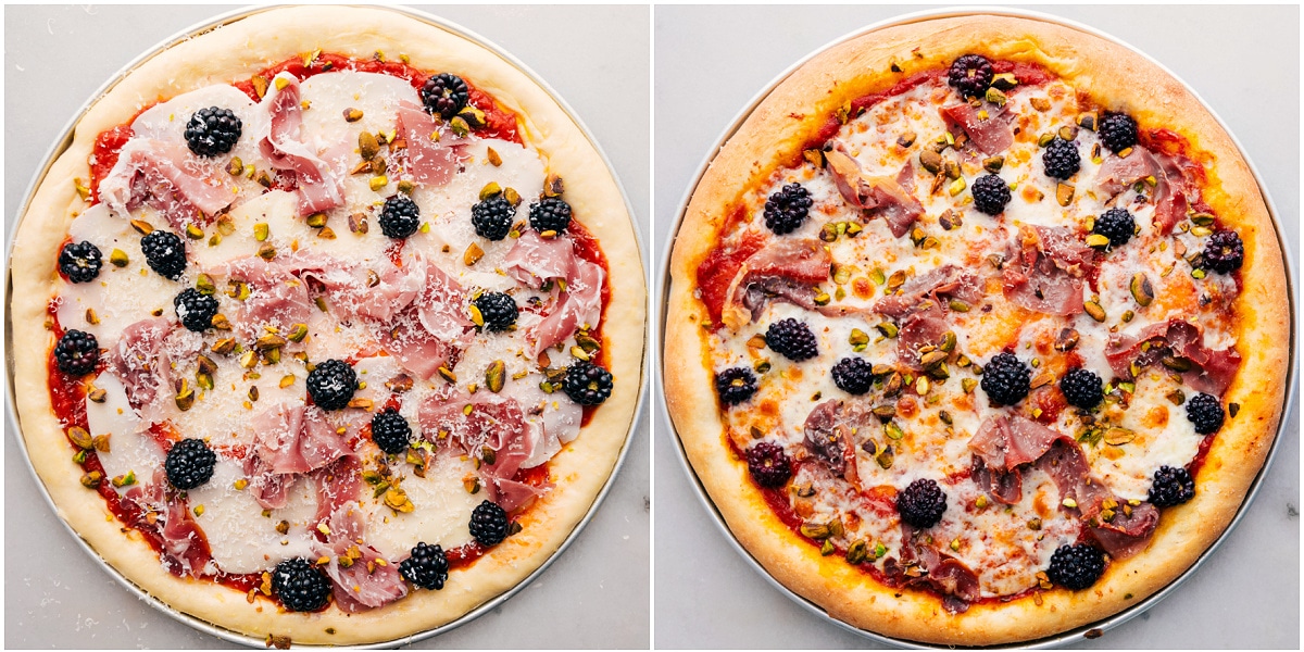 All the toppings placed on the pizza and the blackberry basil pizza being baked.