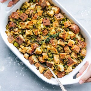 Casserole dish filled with delicious Thanksgiving dressing, warm and ready to be served.