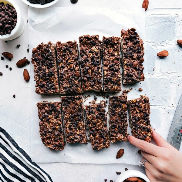 Finished chocolate granola bars, looking healthy and delicious.