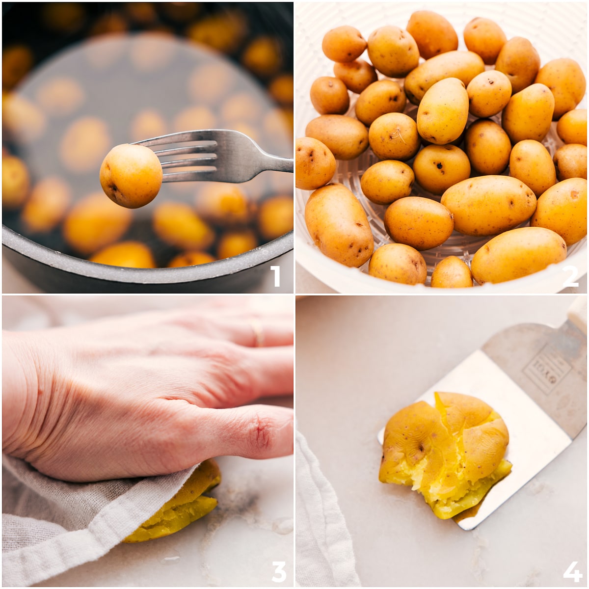 The potatoes being boiled and smashed for this Sausage Potato Broccoli Sheet Pan.