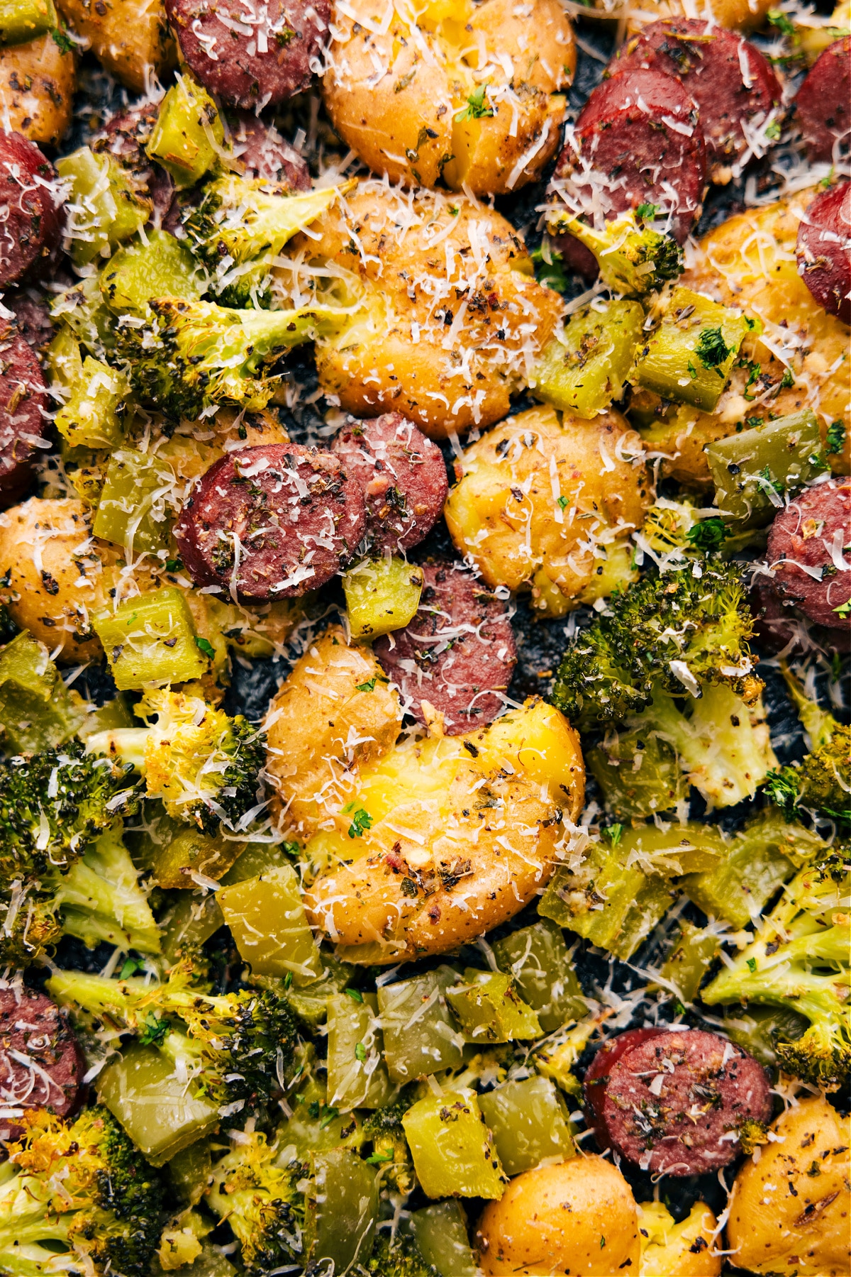 Sausage Potato Broccoli Sheet Pan ready to be served.