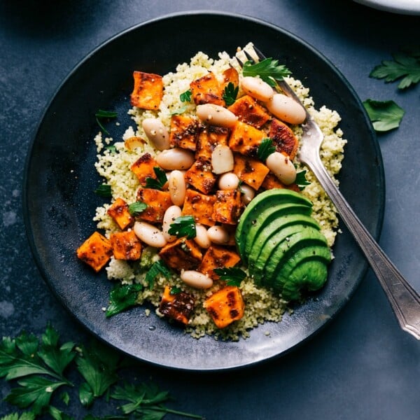 Sweet potato couscous on a plate, vibrant and nutrient-rich, ready to be enjoyed.