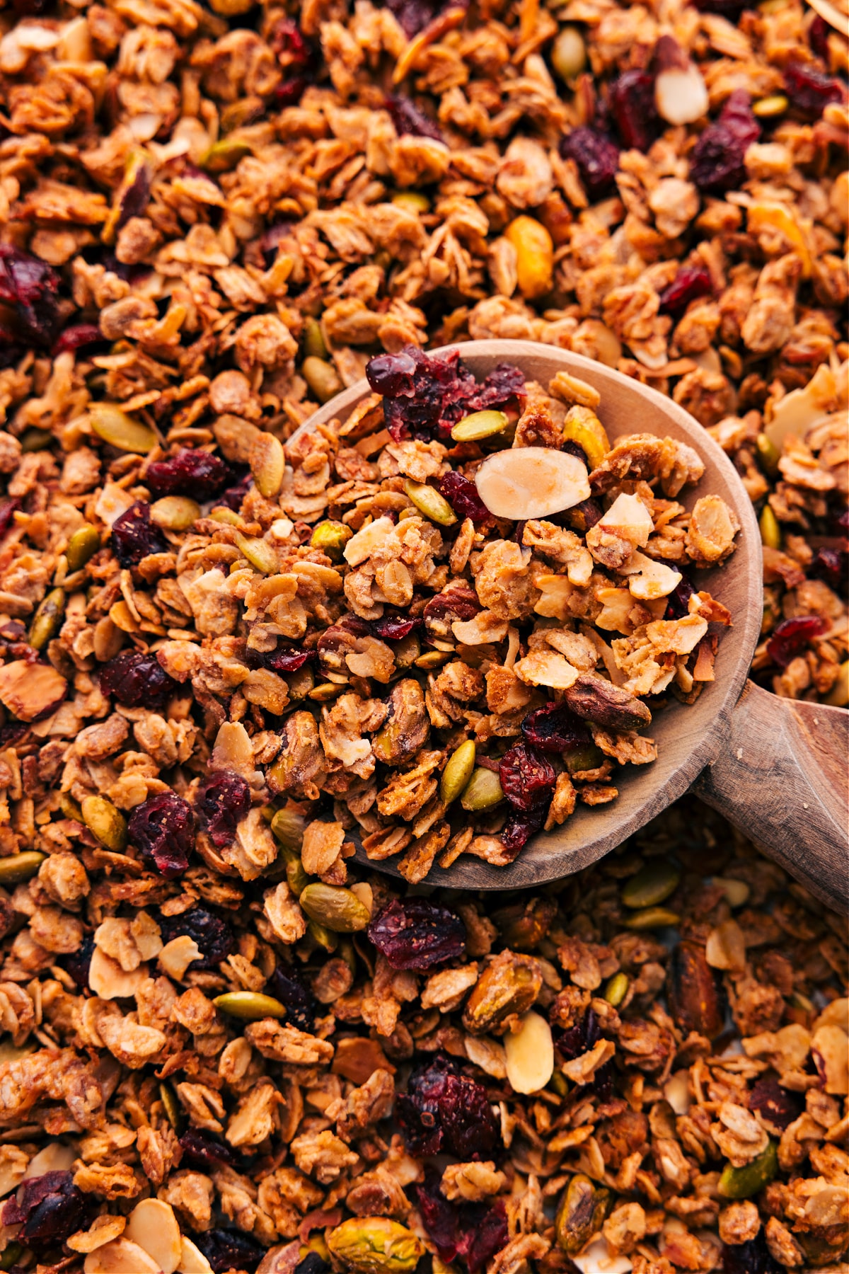 A big scoop of granola on the sheet pan, ready to enjoy.