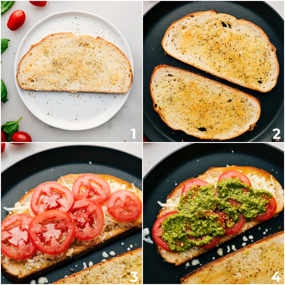 The bread being butter, seasoned, and cooked in a skillet, then all the ingredients being assembled inside the bread for this Caprese Grilled Cheese.