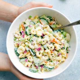 Macaroni Coleslaw Salad in a bowl ready to be enjoyed.