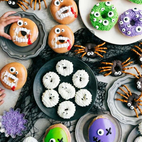 The different Halloween donut options—the vampire, monster, mummy, spiders, and frankenstein.