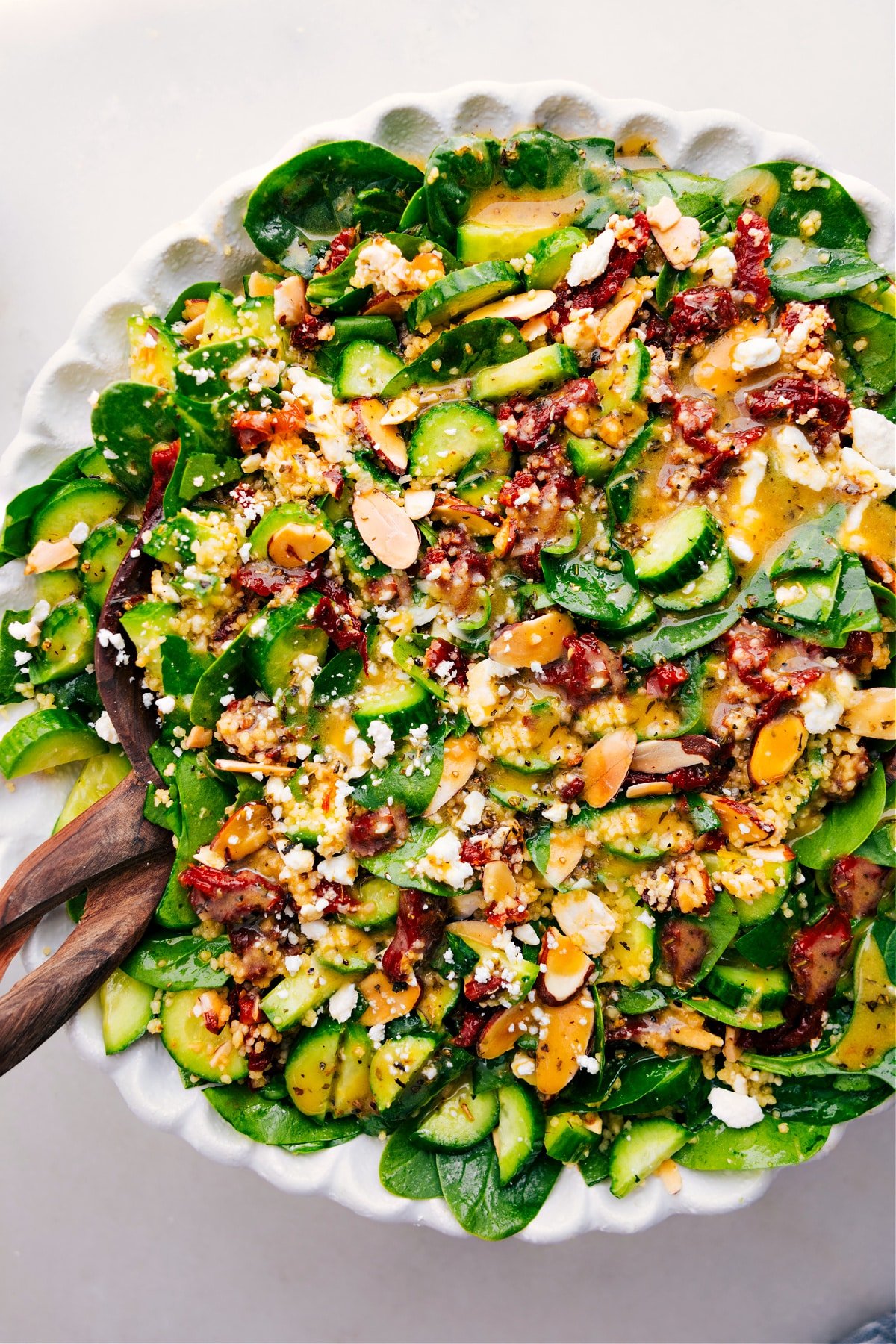 Couscous Mediterranean Salad, dressed and ready to serve in a bowl.