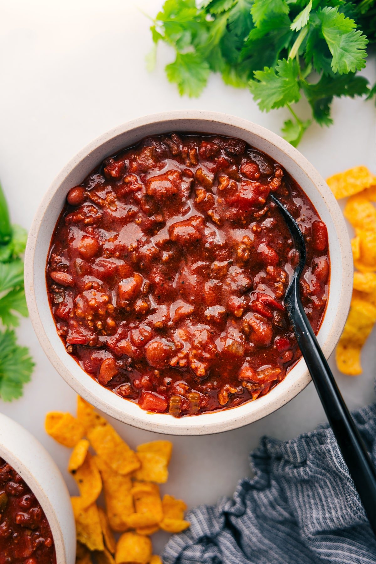 The delicious crockpot chili served up in a bowl.