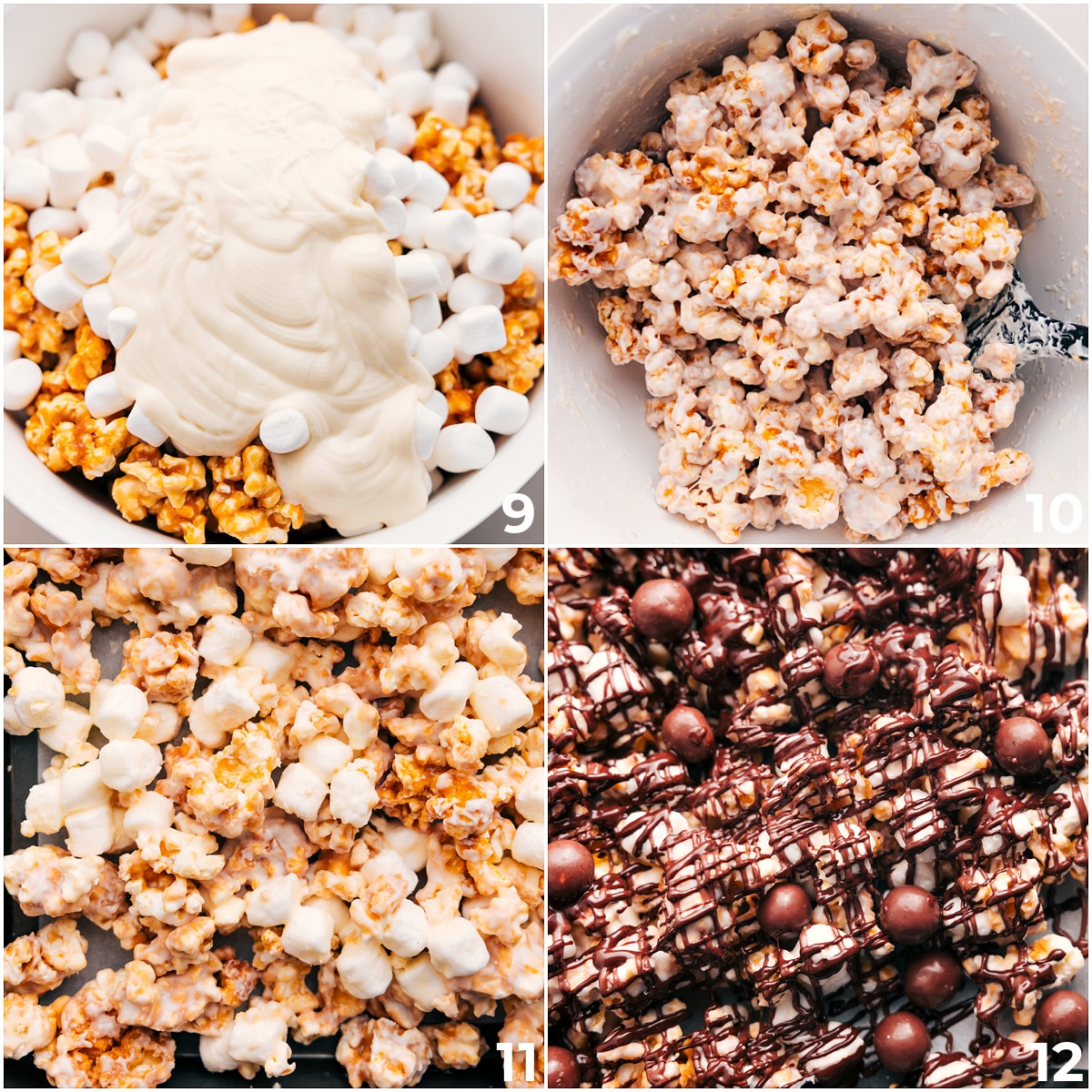 Mix white chocolate and marshmallows into the popcorn, drizzle with chocolate, and top with Whoppers for this chocolate popcorn recipe.