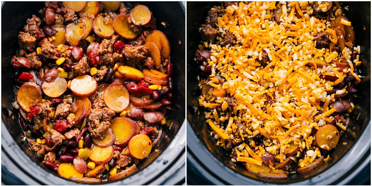 The crockpot cowboy casserole slow-cooks, and then I sprinkle cheese on top. Everything cooks to tender perfection.