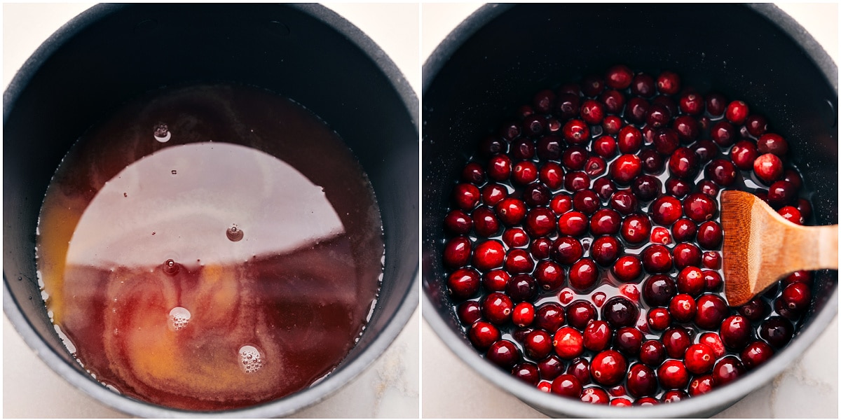 Orange juice and cranberry juice whisked together with sugars, then fresh cranberries added to the pot for this cranberry sauce.