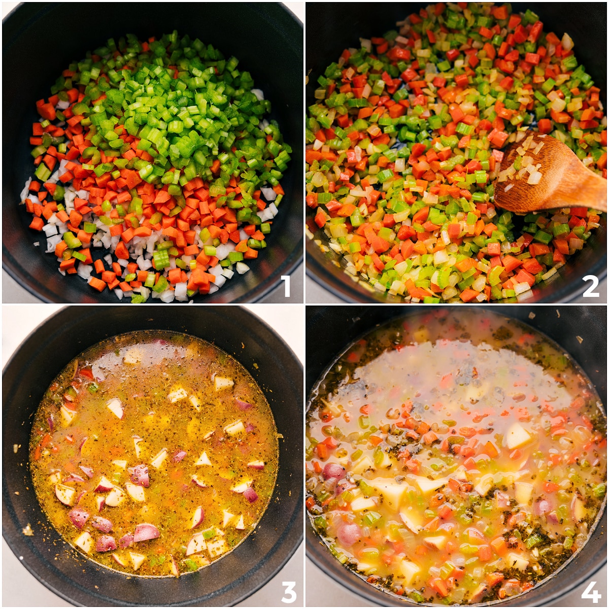 The vegetables sauté, followed by broth and potatoes added to simmer for this creamy vegetable soup.