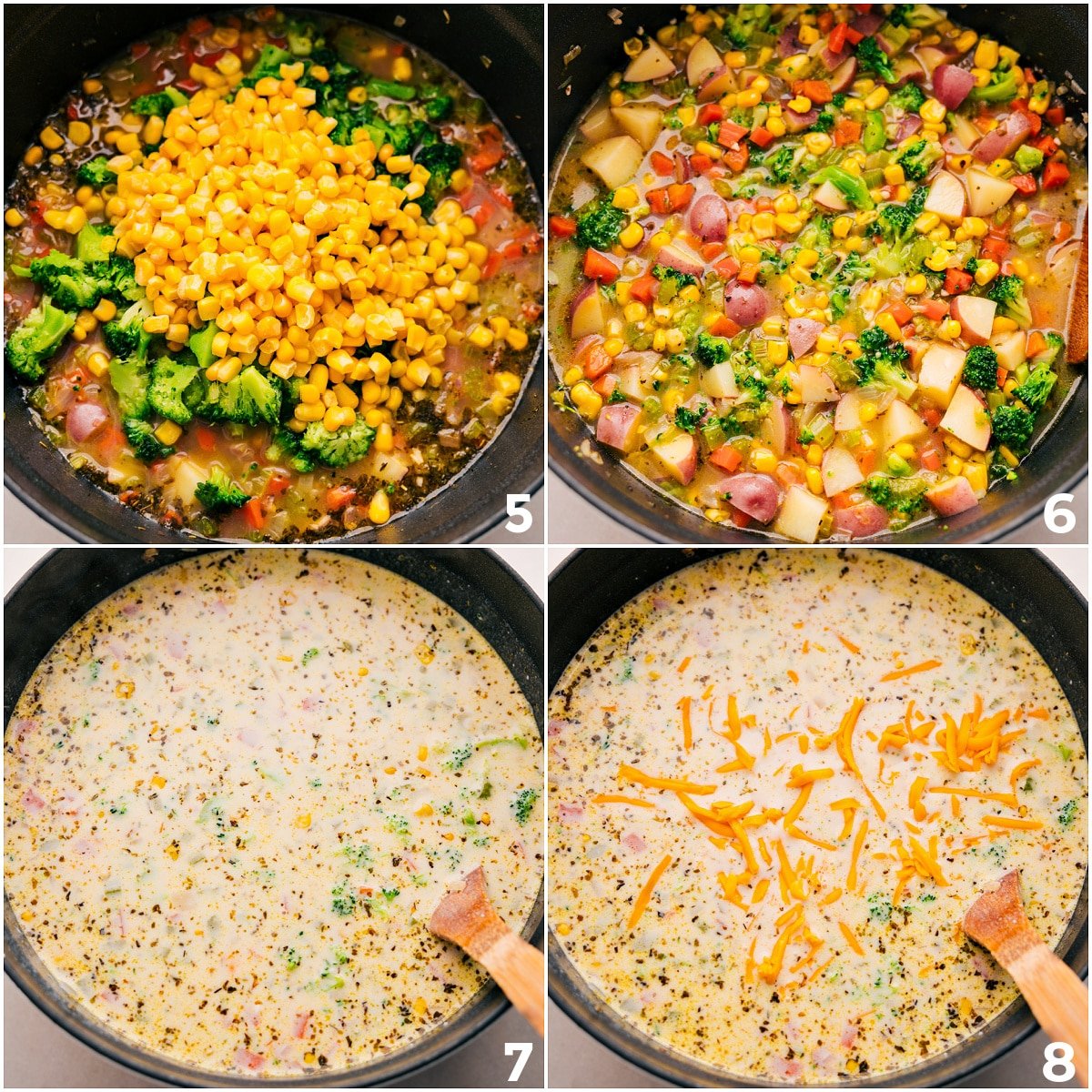 Broccoli and corn are added to the pot with cream and cheese.