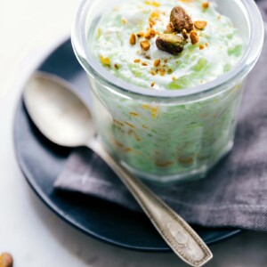 Finished Watergate Salad topped with pistachios, ready to enjoy.