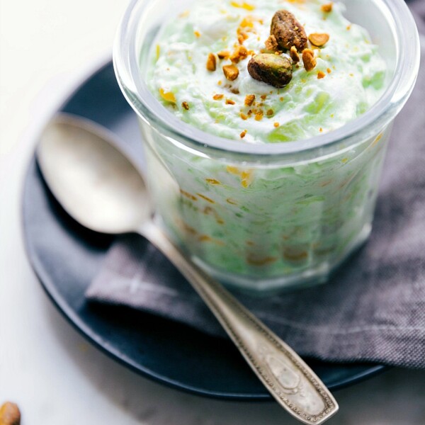 Finished Watergate Salad topped with pistachios, ready to enjoy.