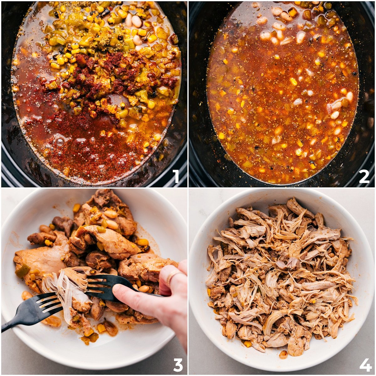 Add all the ingredients for this crockpot white chicken chili to the crockpot to cook, then remove the chicken to shred.