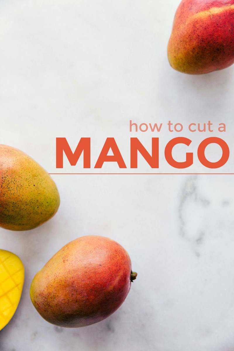 Image of mangoes on a marble board with text "how to cut a mango" across image