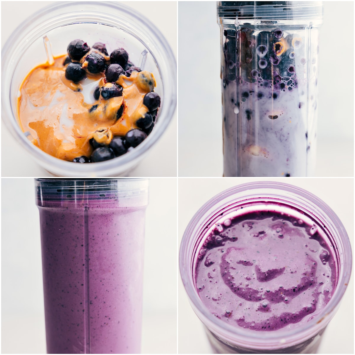The four ingredients in this blueberry smoothie being added to a blender for a creamy breakfast.