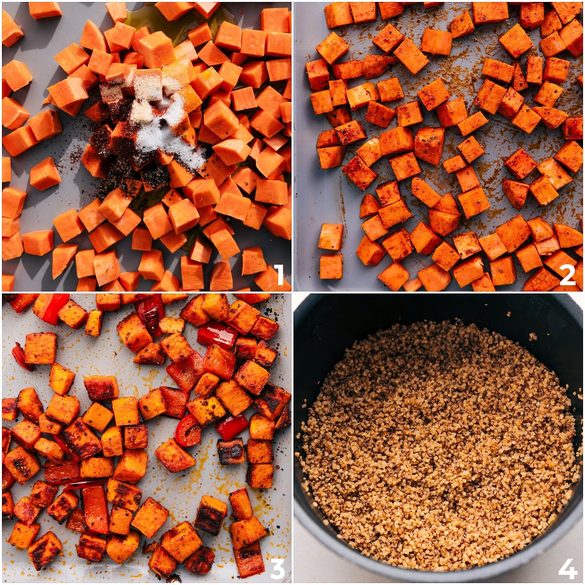 Roasting the sweet potatoes and cooking the quinoa for the quinoa black bean salad.